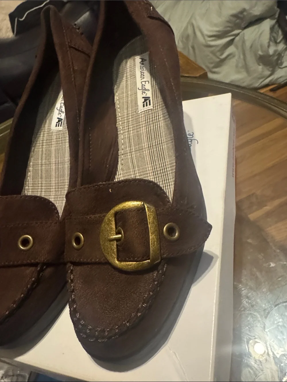 American Eagle Outfitters Brown Suede Wedge Loafers with Gold Buckle